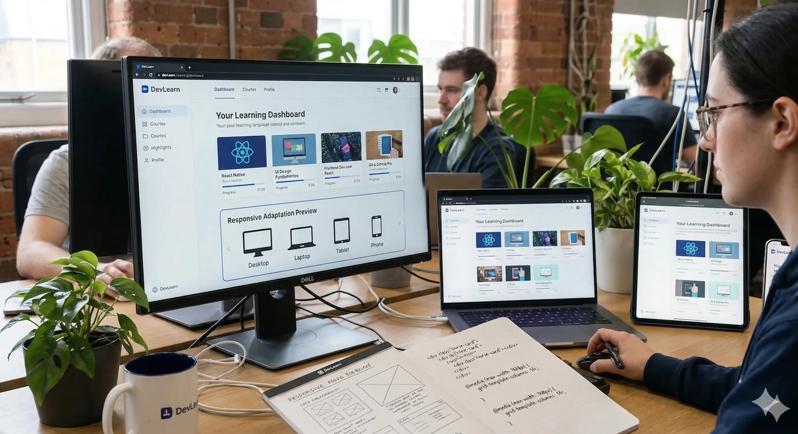 Desenvolvedora em um escritório testando o design responsivo do painel DevLearn em um monitor, notebook, tablet e smartphone simultaneamente.