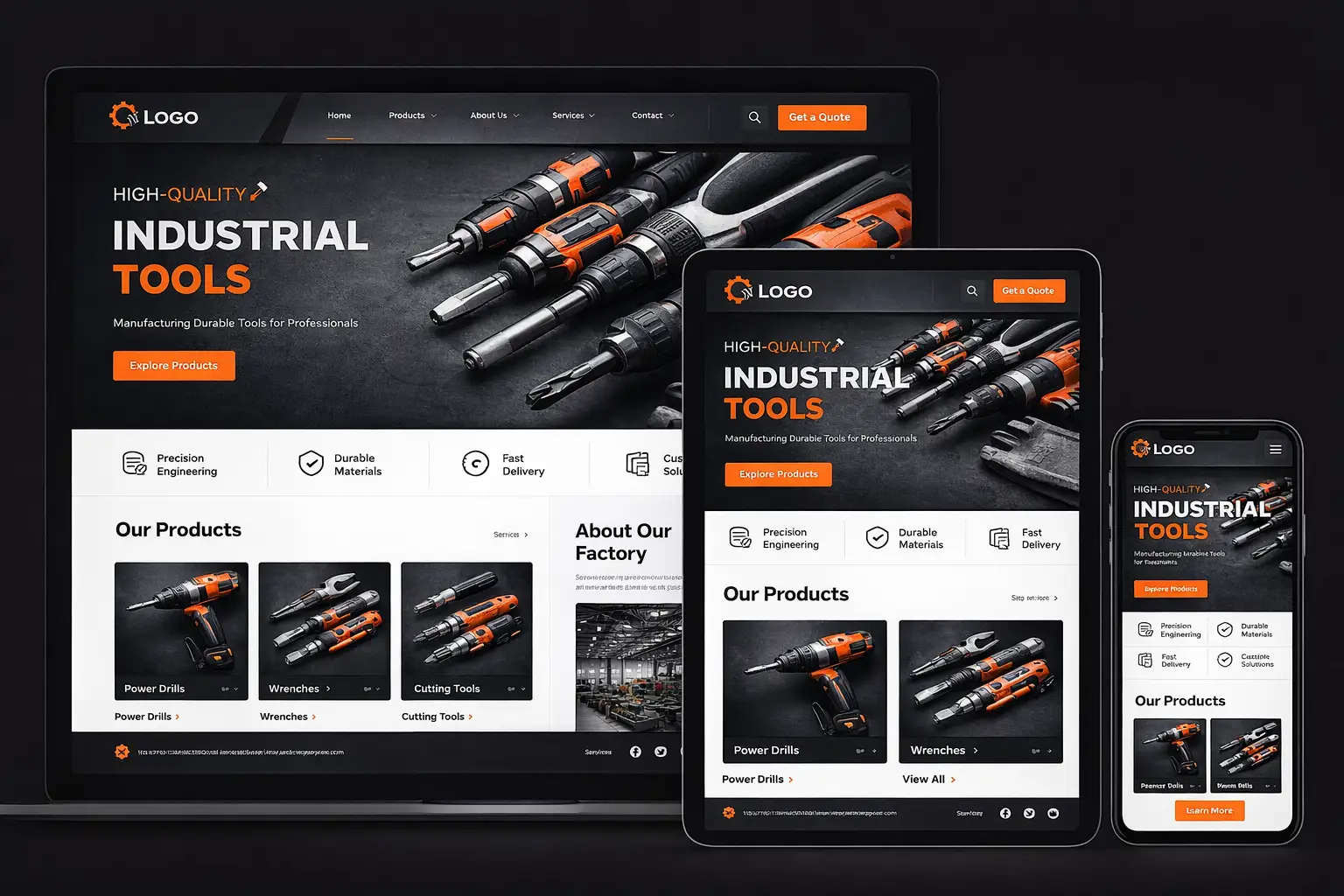 Apresentação de design de site responsivo para a marca 'Industrial Tools', exibido simultaneamente em um laptop, tablet e smartphone com a mesma paleta de cores laranja e preto.