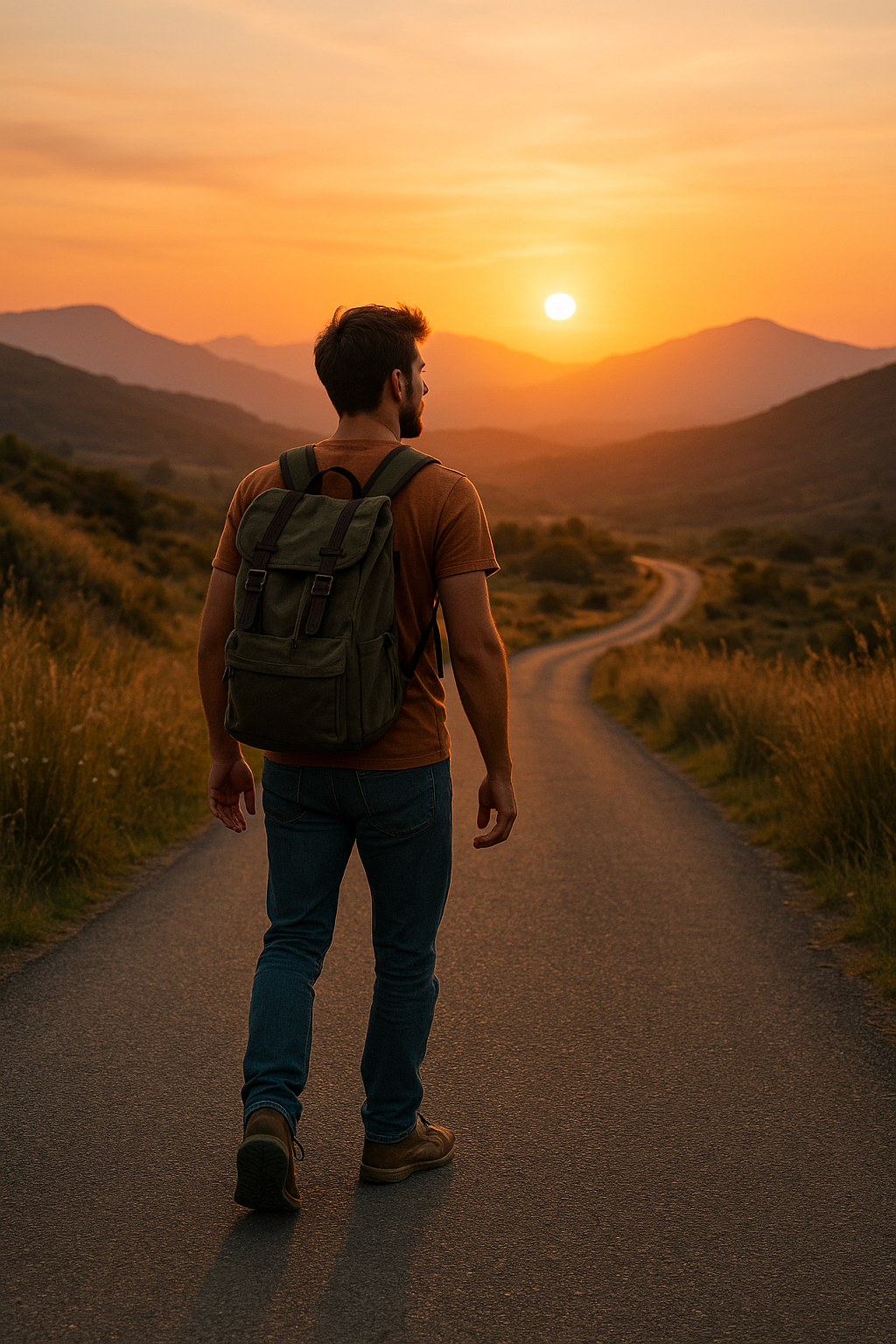 Viajante com mochila caminhando em estrada ao pôr do sol, rumo a novas experiências.